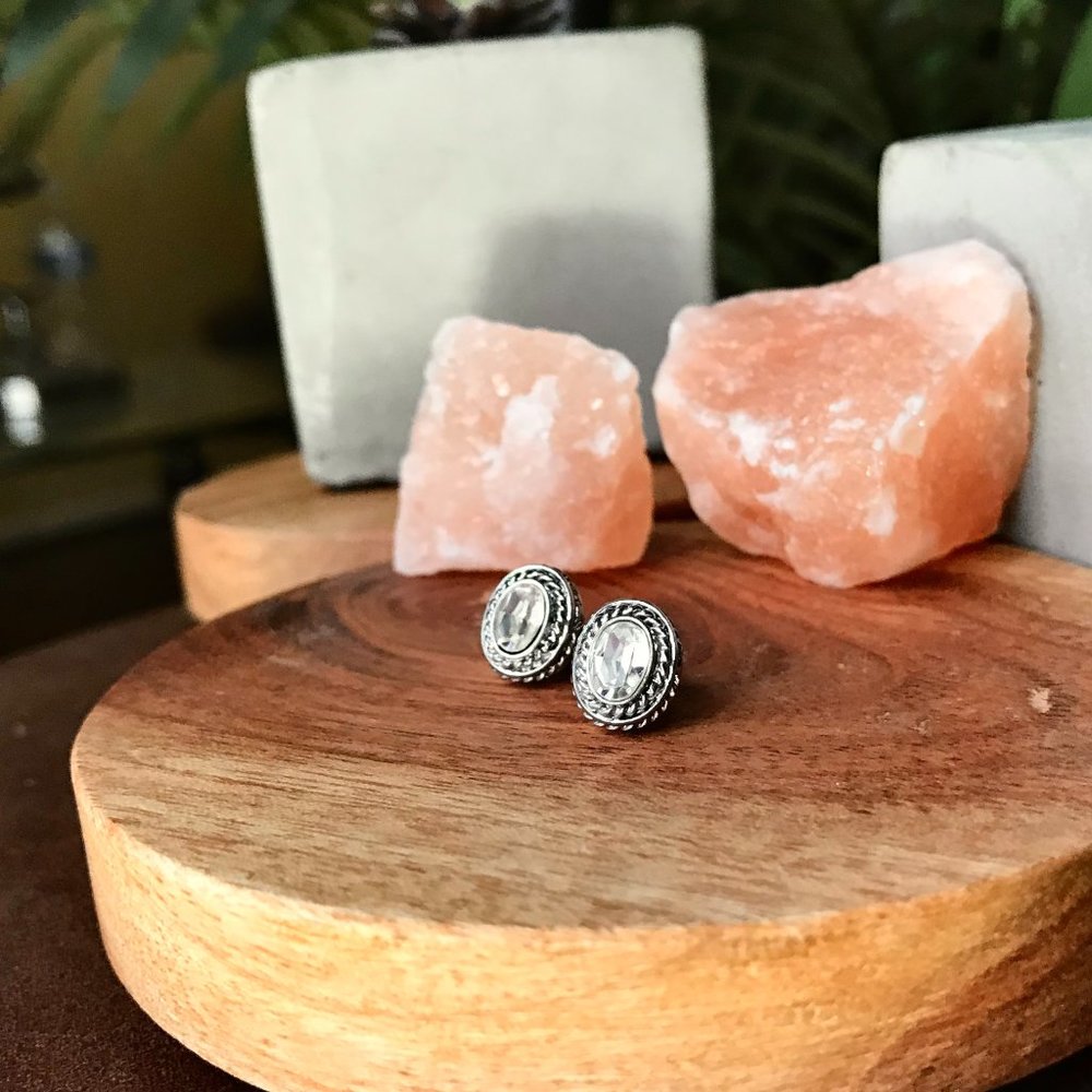 Sterling Silver Bordered Crystal Stud Earrings